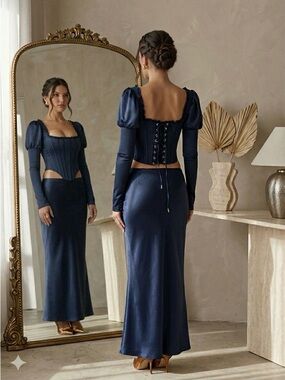House of CB Dana Corset Top and Charlene Satin Maxi Skirt Set Navy Small NWT
